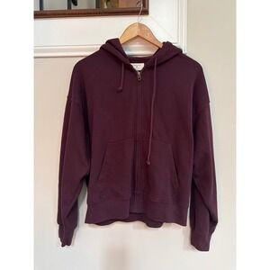American Eagle Womens Full Zip Fleece Hoodie S Burgundy Maroon Boxy Sweatshirt